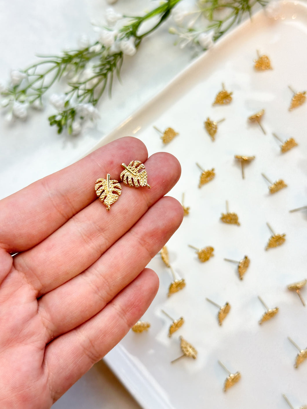 18K Real Gold Plated Monstera Leaf Posts with 925 Sterling Silver Stud Posts
