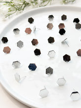 Load image into Gallery viewer, White Gold Plated Textured Hexagon Posts with 316 Surgical Stainless Steel Posts
