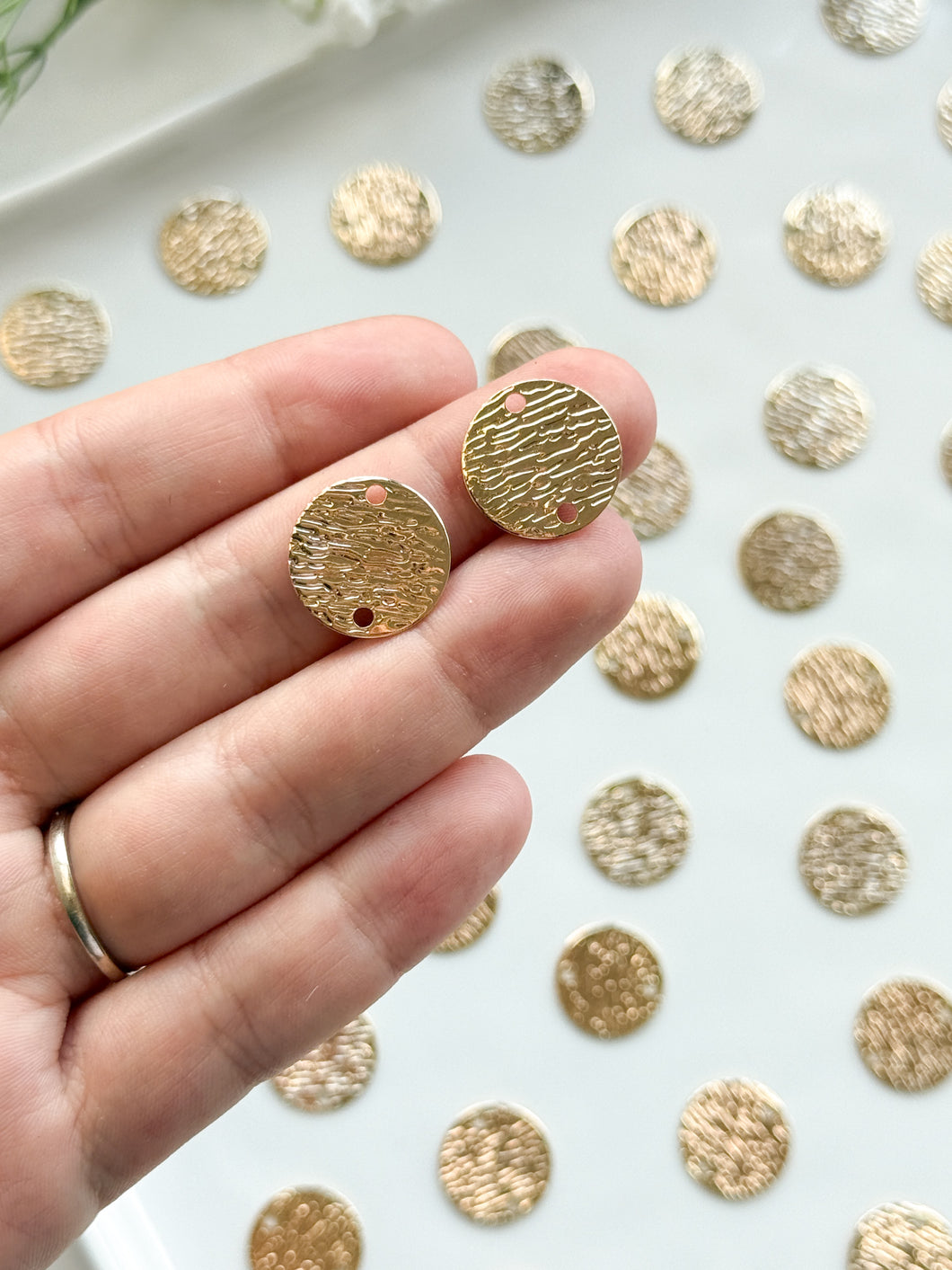 18K Gold Plated Textured Circle Connector with Two Holes