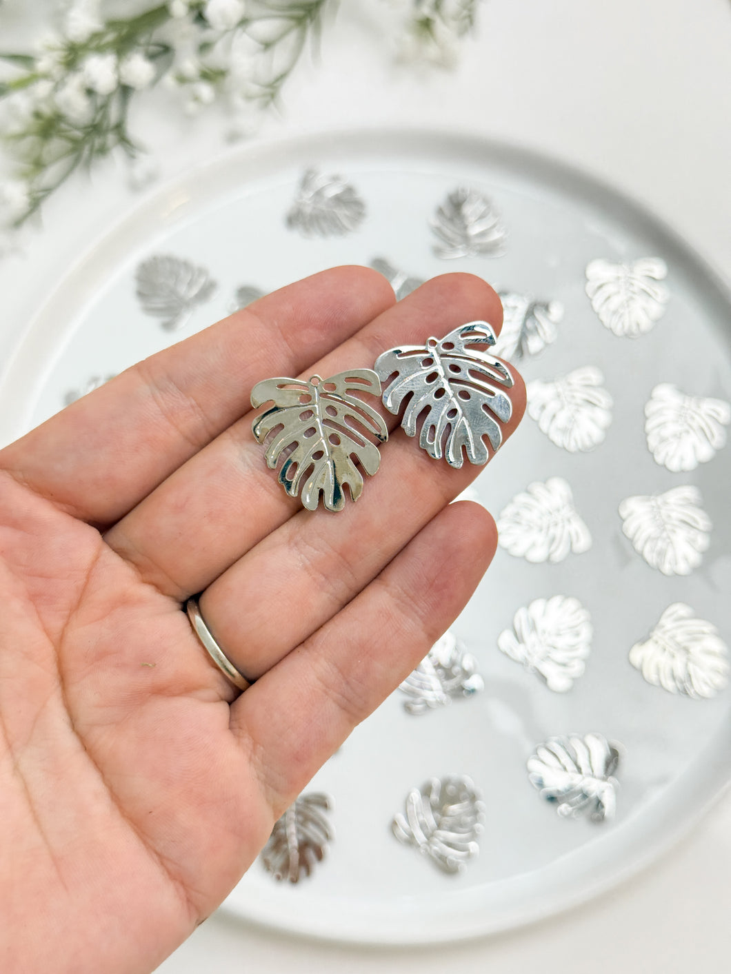 Real Platinum Plated Monstera Pendant Charm with One Hole