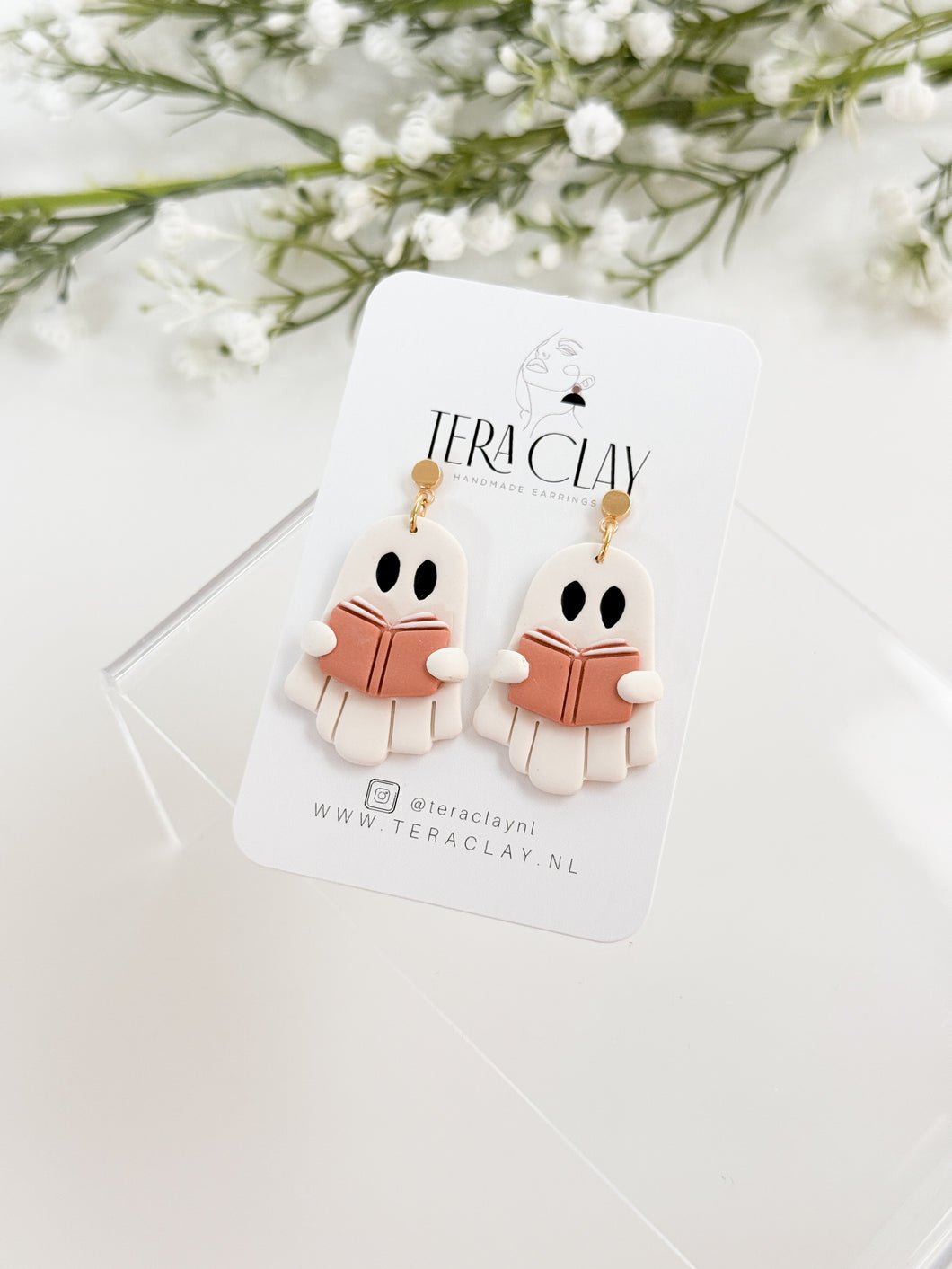 The Ghost Book Lover Dangles (also in silver)