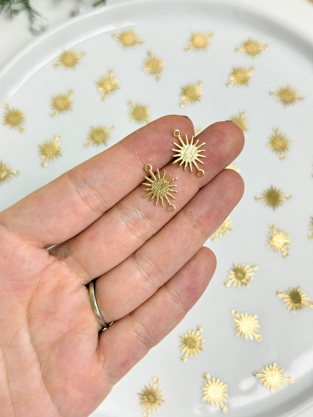 18K Gold Plated Textured Brass Sun Connector with Two Holes