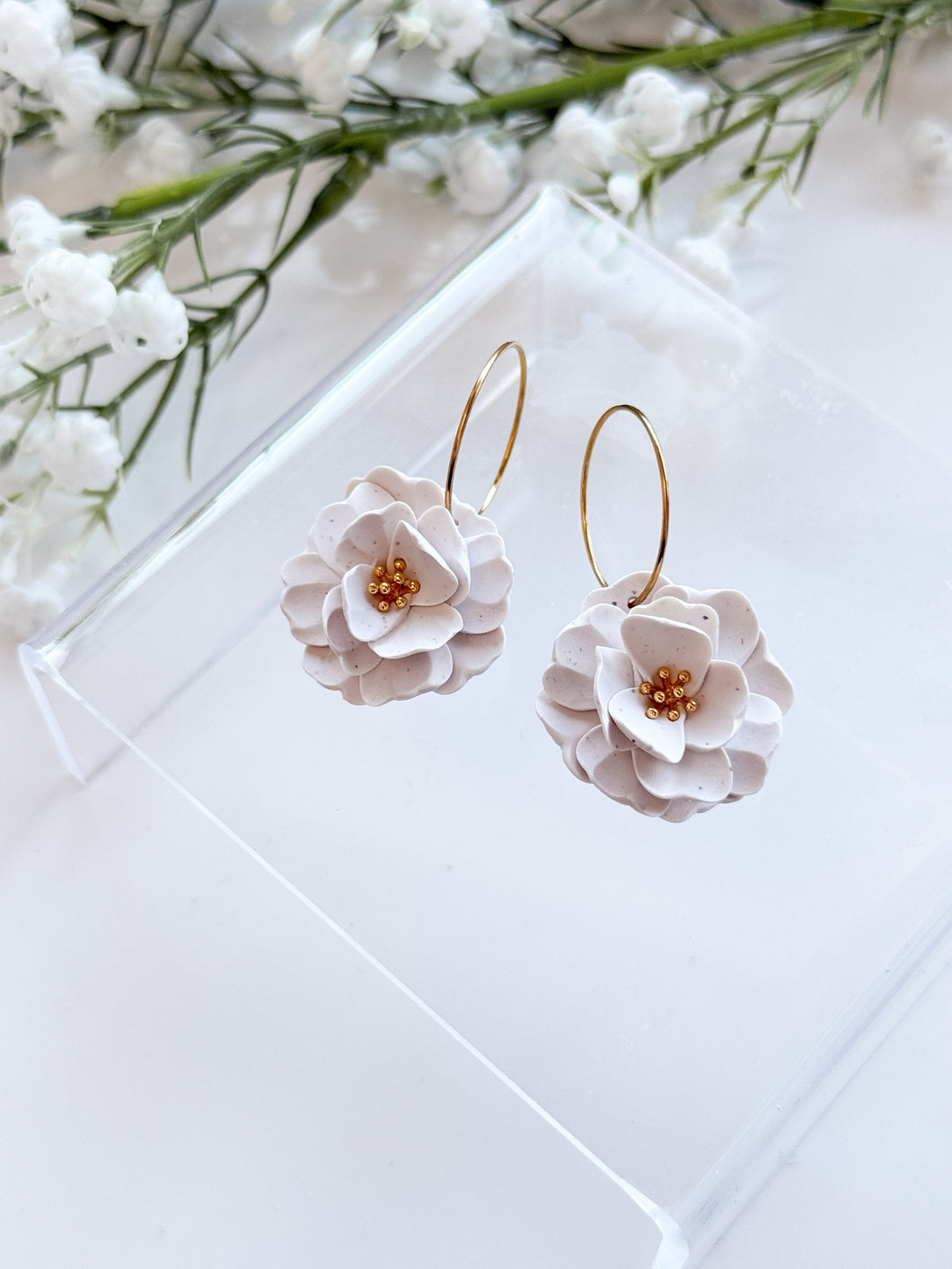 The Speckled White Flower Hoops